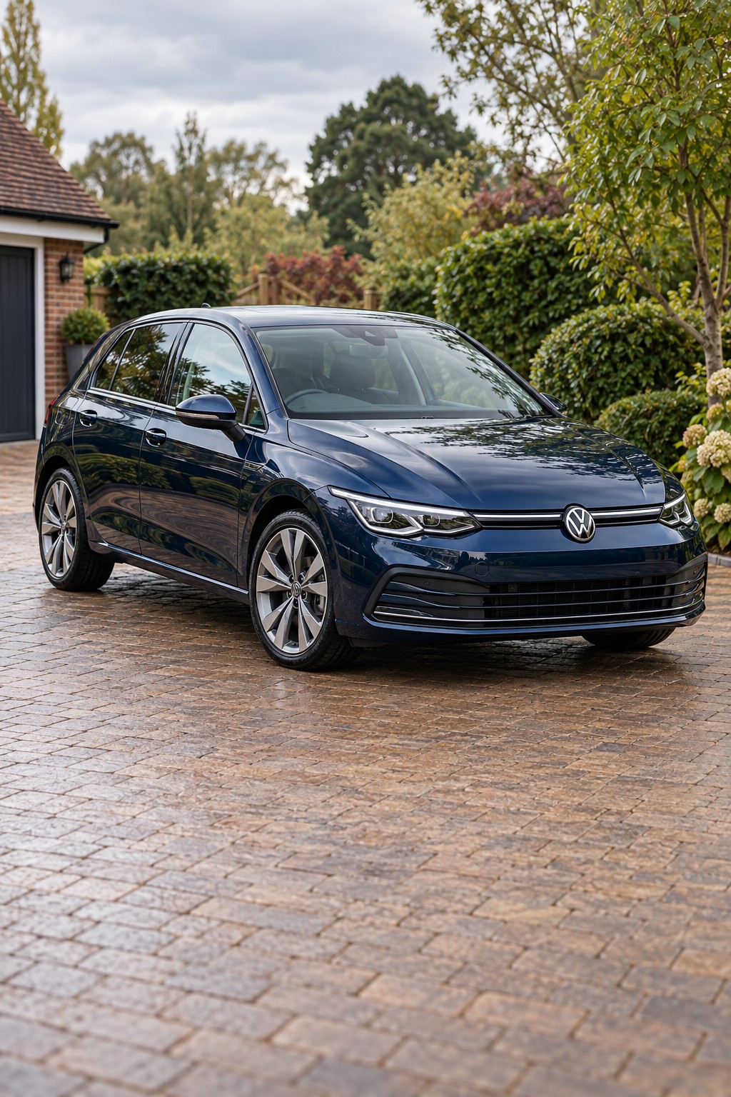 Polished dark blue Volkswagen Golf on a leafy residential driveway